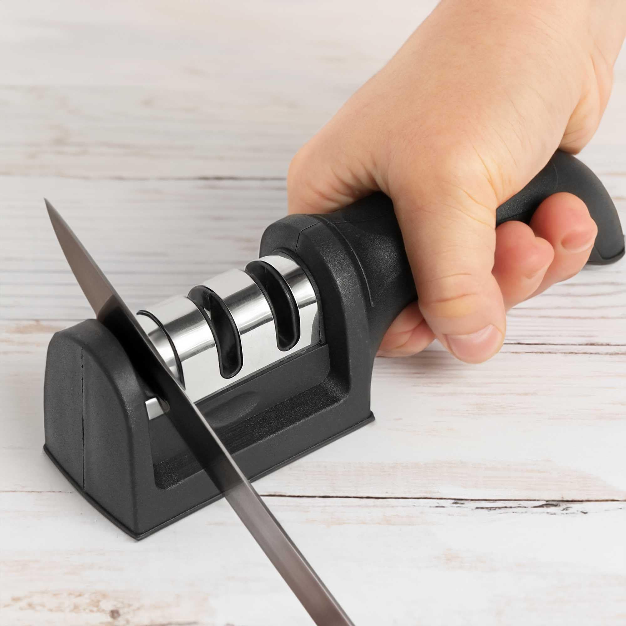 10club Manual Knife Sharpener 3 Stage Sharpening Tool for Ceramic Knife and Steel Knives | Knife Sharpener for Kitchen | Knife Sharpening Tool (Black)