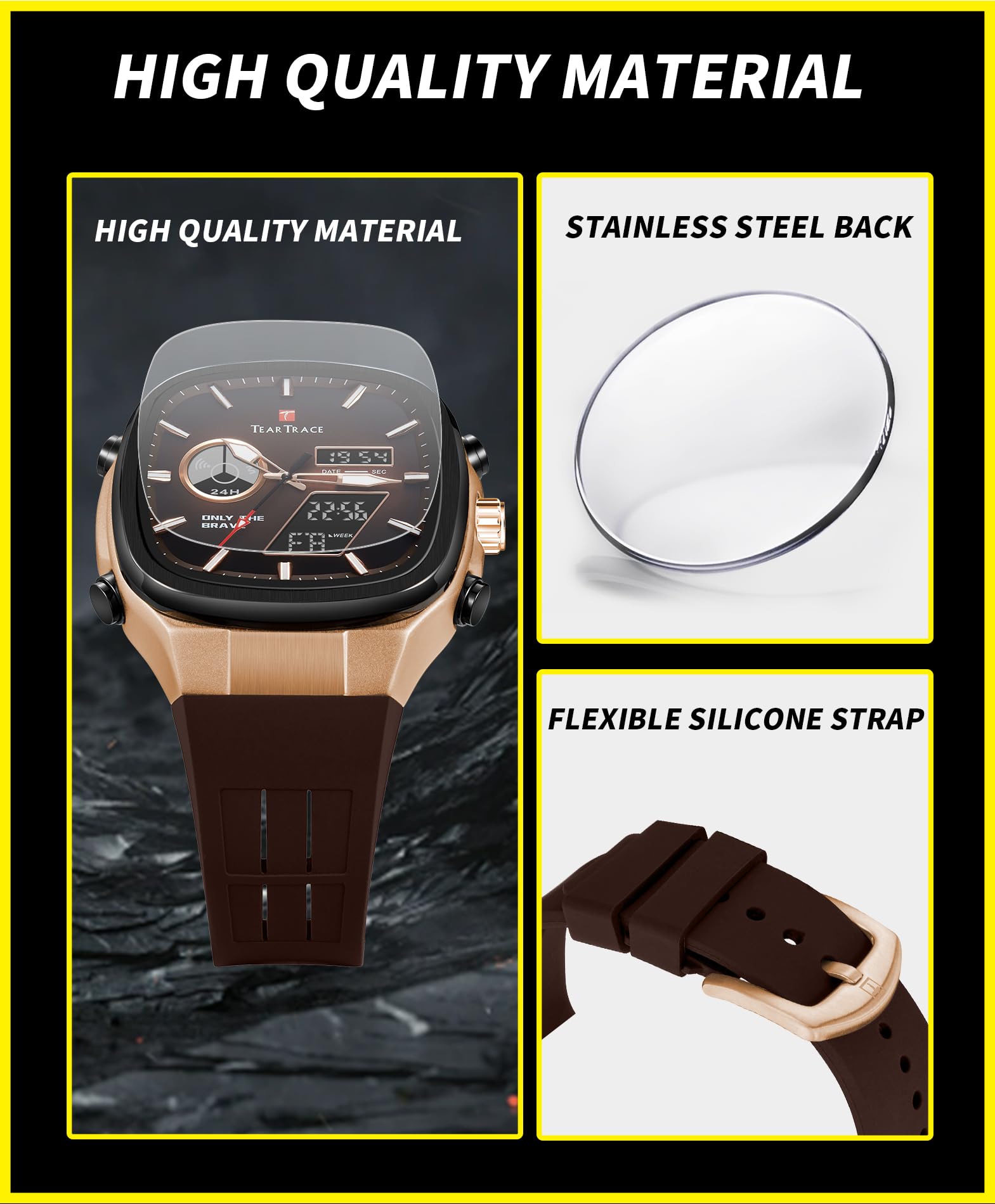 TEARTRACE Reloj analógico digital para hombre, luminoso, impermeable, deportivo, moderno, casual, trabajo, ideal para deporte y uso diario, Marrón, deporte, trabajo, casual