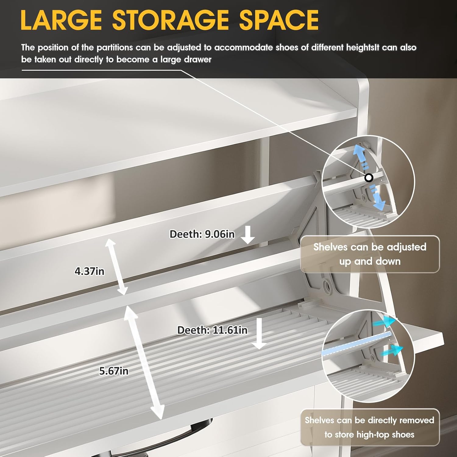 Diagram showing adjustable and removable shelves inside the shoe cabinet drawers