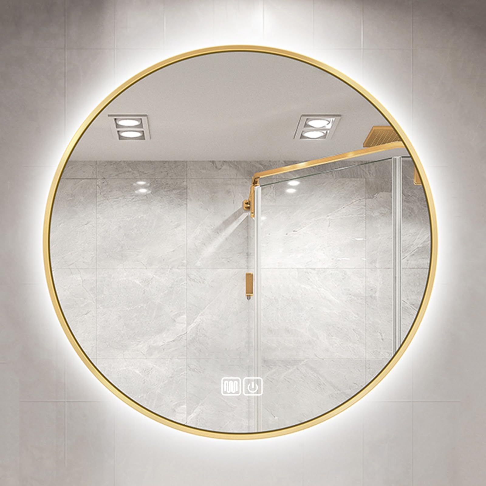 BKSXSOP Round Backlit Bathroom Mirror - Anti-Fog Vanity with Metal Frame Dimmable 3 Color LED Waterproof Wall Mounted Makeup (Gold, 900x900mm)