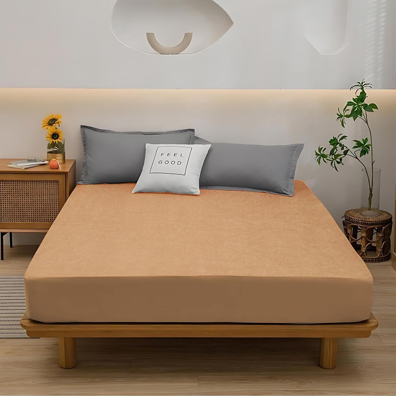 The Sleep Protector Premium Terry Polyester Fabric Waterproof Mattress Protector–Breathable, Ultra-Soft, Allergy-Proof, Noiseless, Elastic Fitted, Machine Washable Bed Cover-Beige Single 75X36