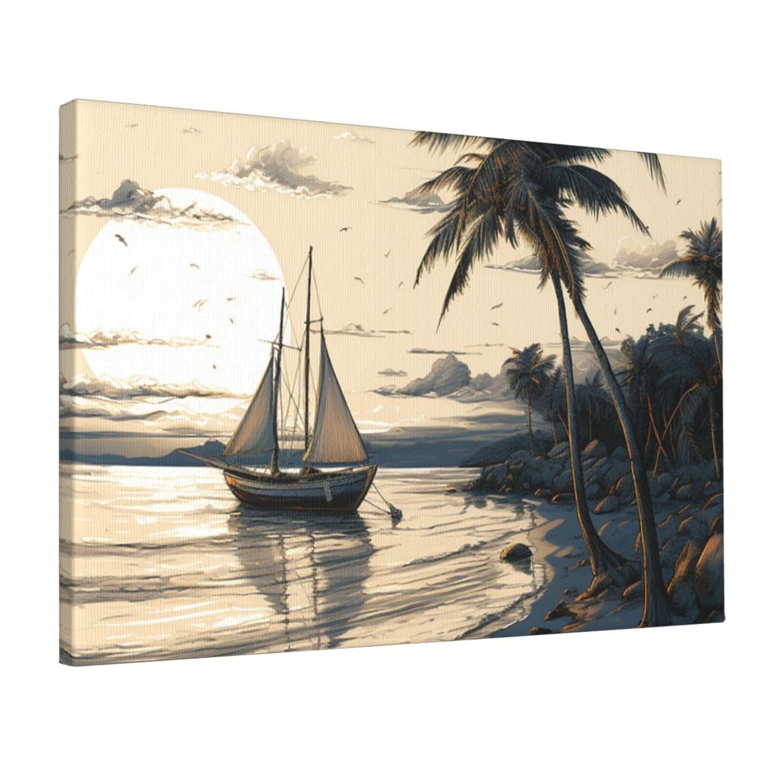 Canvas Wall Art for Living Room Wall Decor 12"x18" Modern Artwork Painting Pictures Hanging Canvas Prints Palm Trees Fishing Boat Aesthetic Wall Art for Bedroom Bathroom Office Wallart Decor