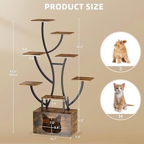 Miniatura 2 de YITAHOME Estantería alta con luz LED, estantería de árbol de diseño artístico con caja de arena para gatos, estantes únicos de 8 niveles para