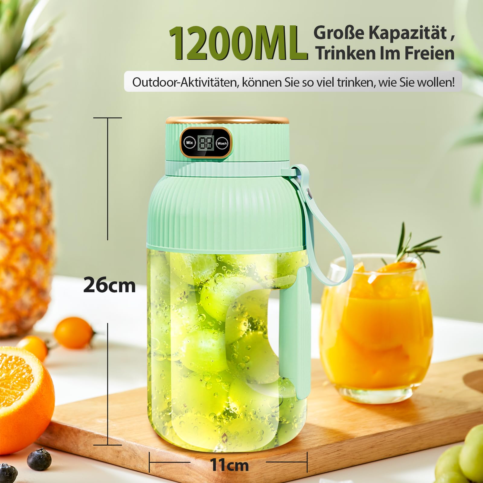 【Amélioré】Presse-agrumes électrique Rechargeable Fine Life Pro, Nouveau Grand Presse-agrumes électrique de 1,2 L Pour légumes et Fruits, (Vert - Extracteur de jus simple)