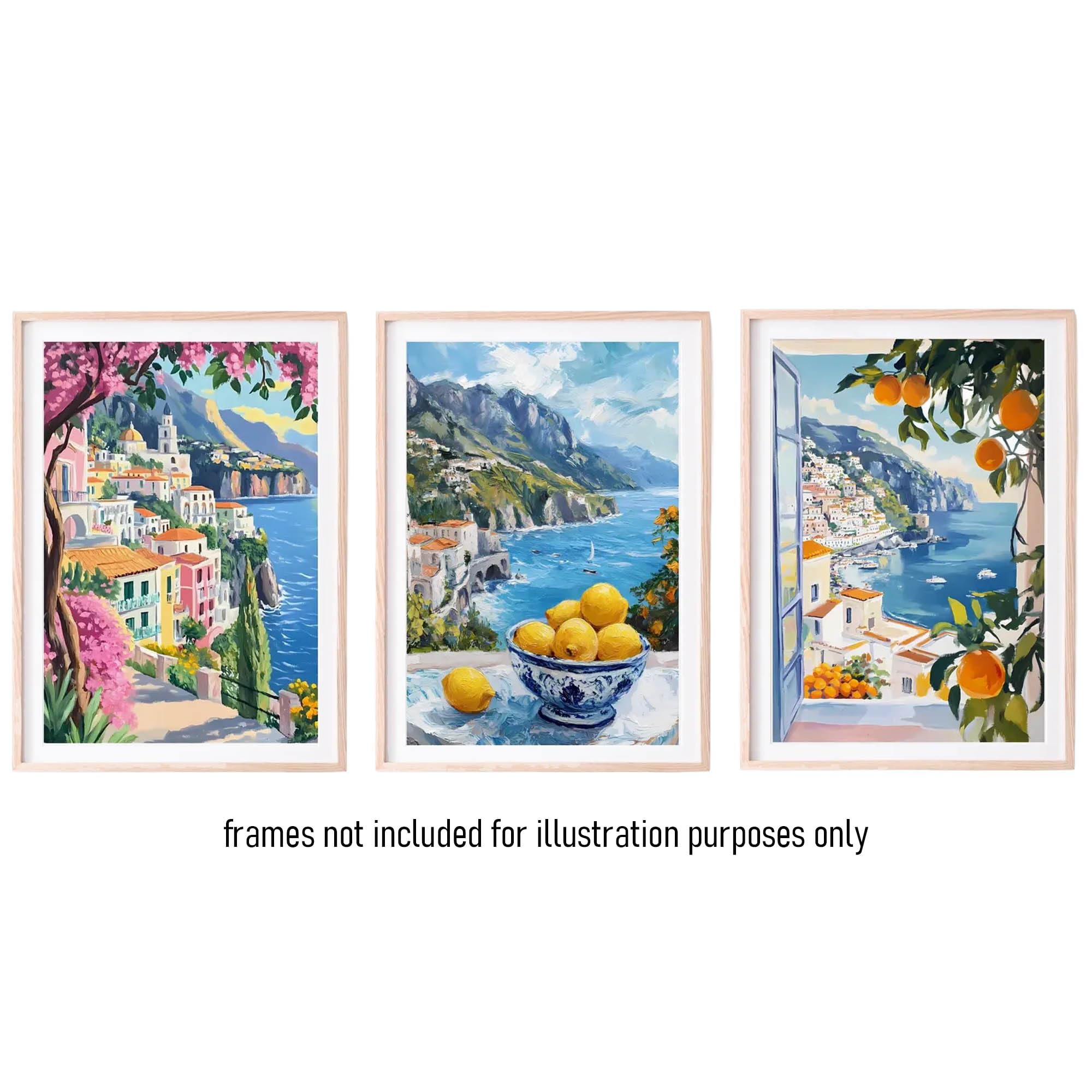 CozyPrints Set di 3 stampe artistiche da parete della Costiera Amalfitana, poster con paesaggio mediterraneo senza cornice, vivace paesaggio italiano, decorazione per la casa botanica di limone e