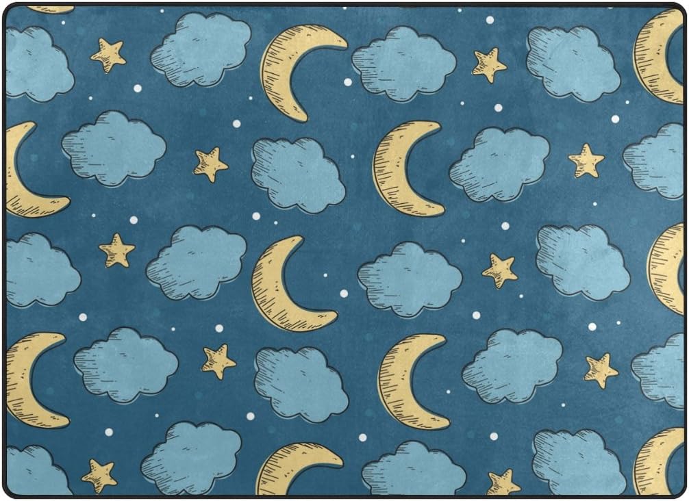 Vantaso Non Slip Nursery Rugs Night Moon And Stars Seamless Soft Foam Play Mats for Kids Bedroom Boys Girls Playing Room Living Room 63x48 inch