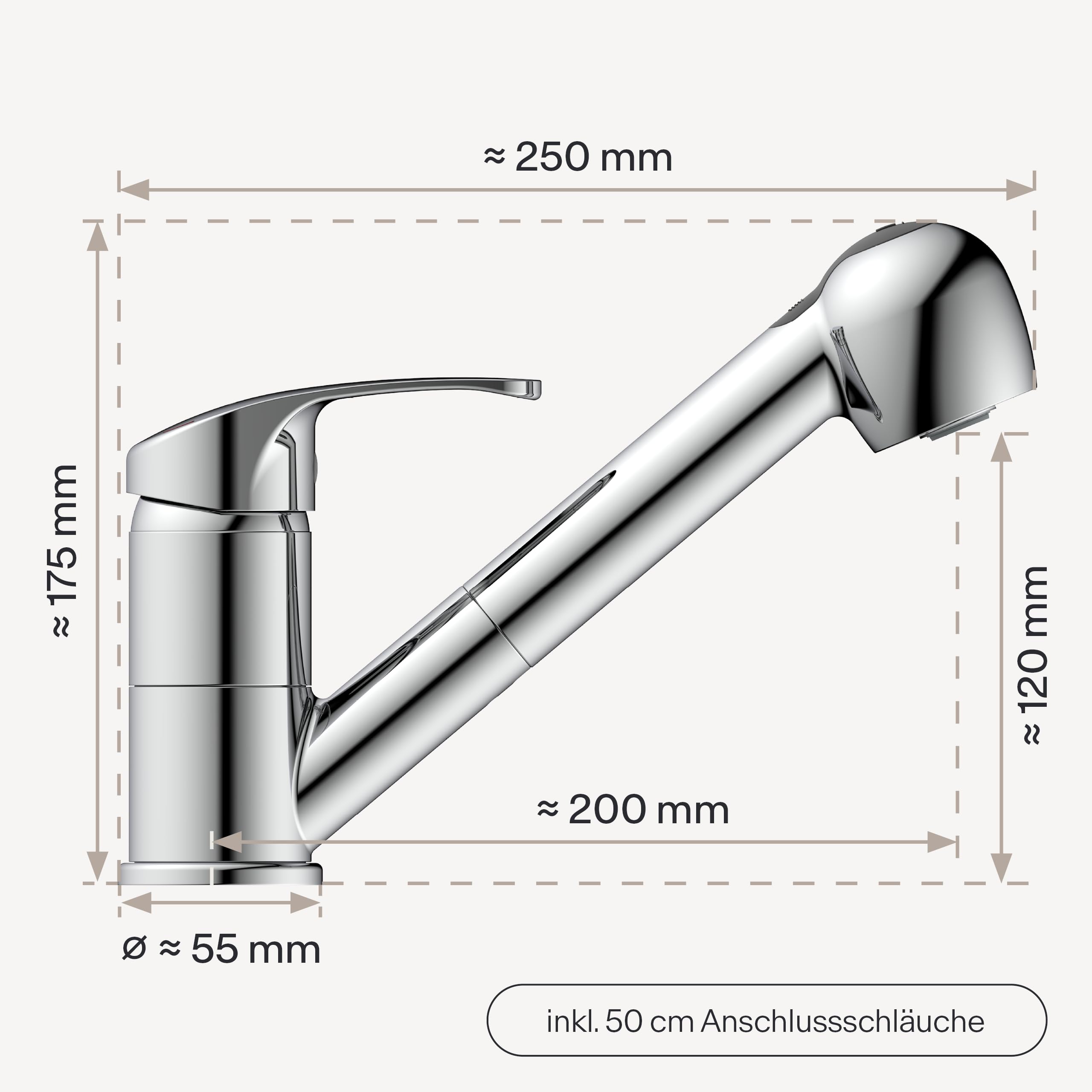 Ibergrif M14550 - Uittrekbare keukenkraan, twee waterstraalsoorten, 360° draaibaar, eenhendelmengkraan, messing, Chrome