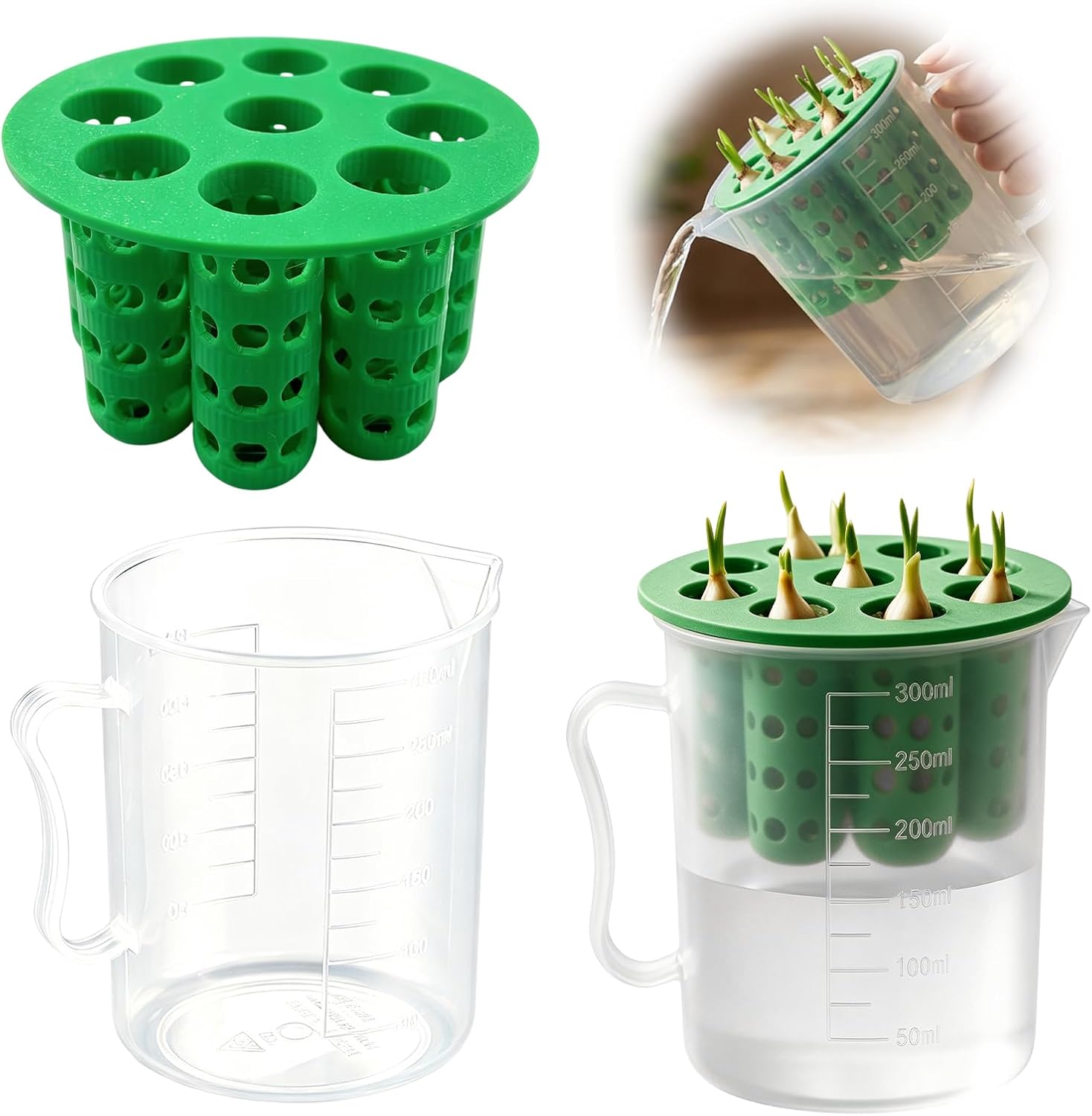 2 Pack 9 Hole Hydroponic Planter Set, Plastic Scallion Sprouting Lids with Handled Cups for Indoor Windowsill Growing
