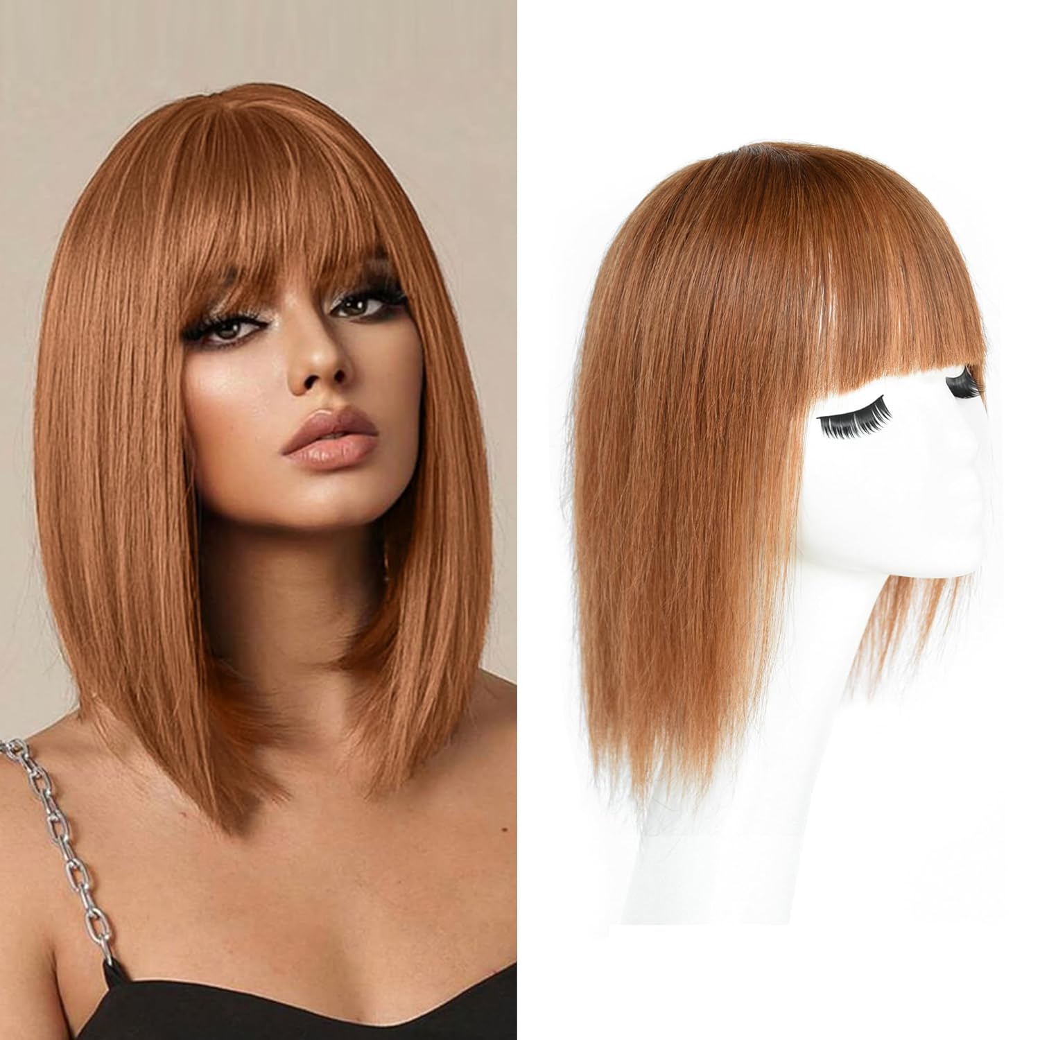 viviaBella Human Hair Toupee Clip in Human Hair Pieces With Bangs Silk Base Top Toppers Fringe for Loss Thinning Hair Replacement Extentions for Straight Hair (5.1" by 5.1", 12inch, Copper Red)