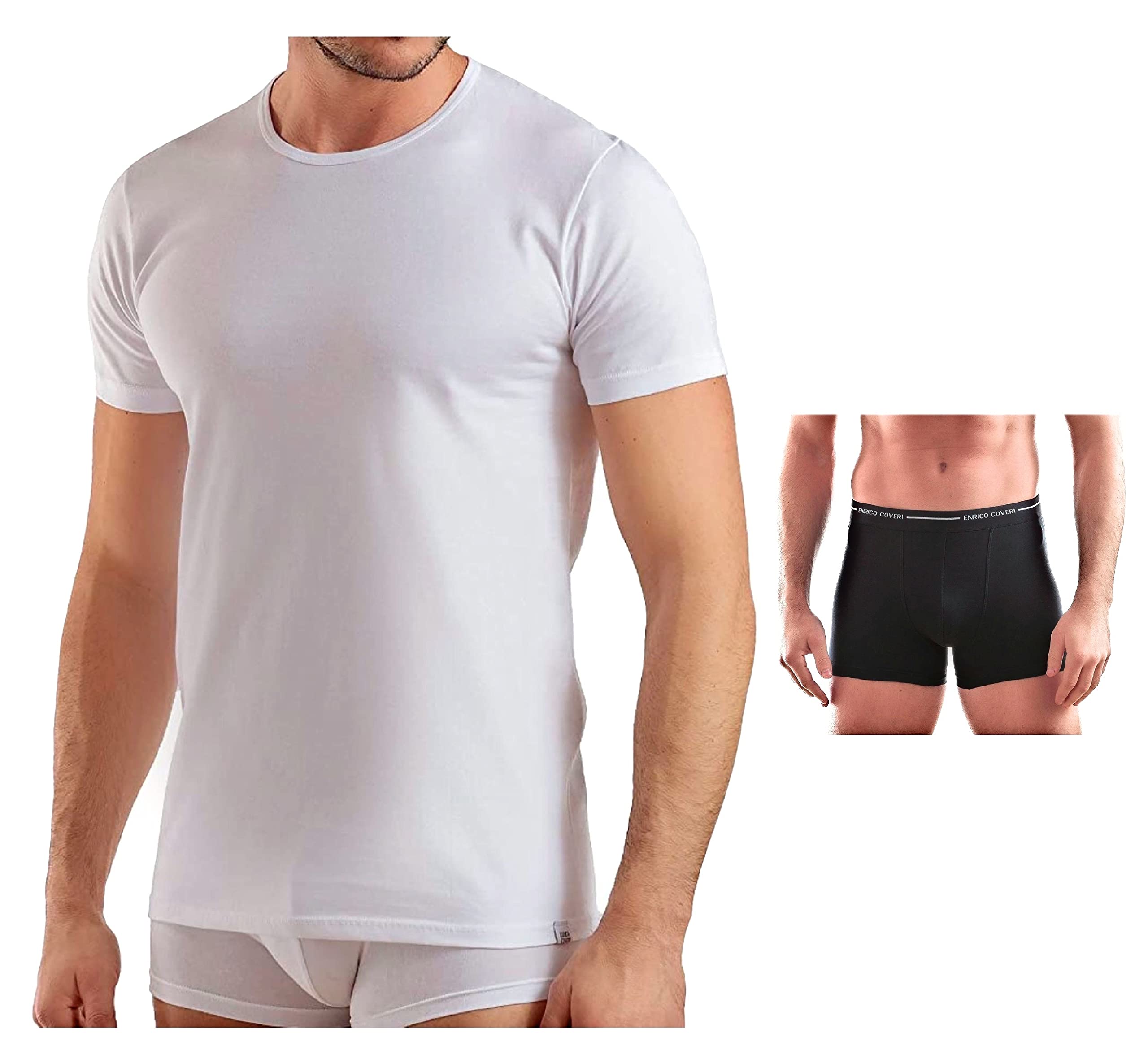 Enrico Coveri Maglietta Intima Uomo 100% Cotone + Boxer in Omaggio, Offerta 3-6-9-12 Pezzi, Maglia Uomo in Cotone Pettinato Girocollo ET1100
