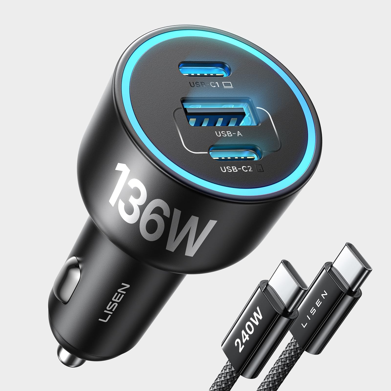 LISEN 136W Car Phone Charger USB C PD 100W Fast Charge with 240W C-C Cable