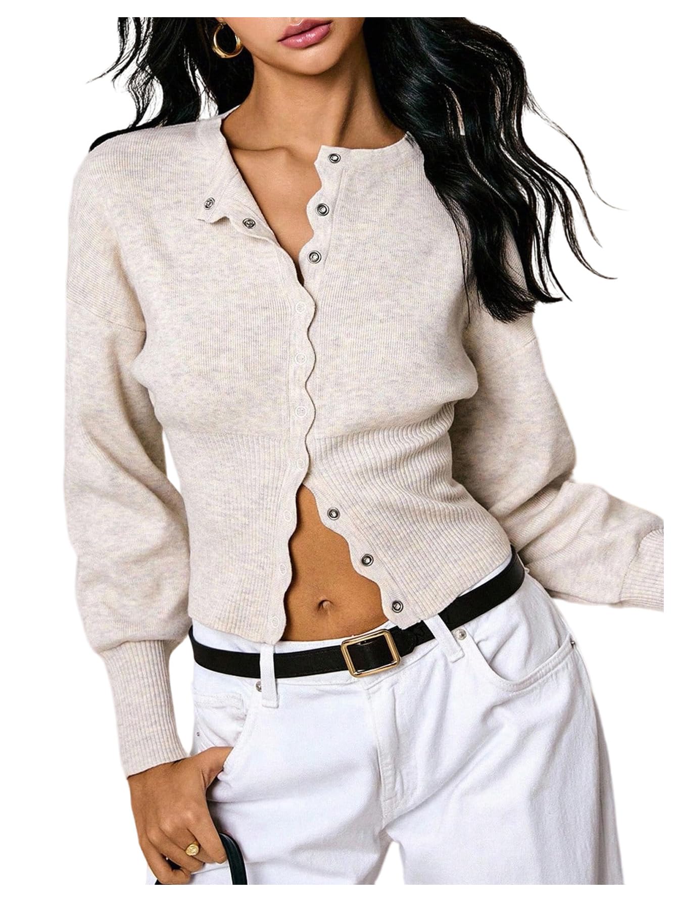 Womens Scallop Trim Cardigan Sweaters Long Sleeve Button Up Fall Casual Knit Outerwear