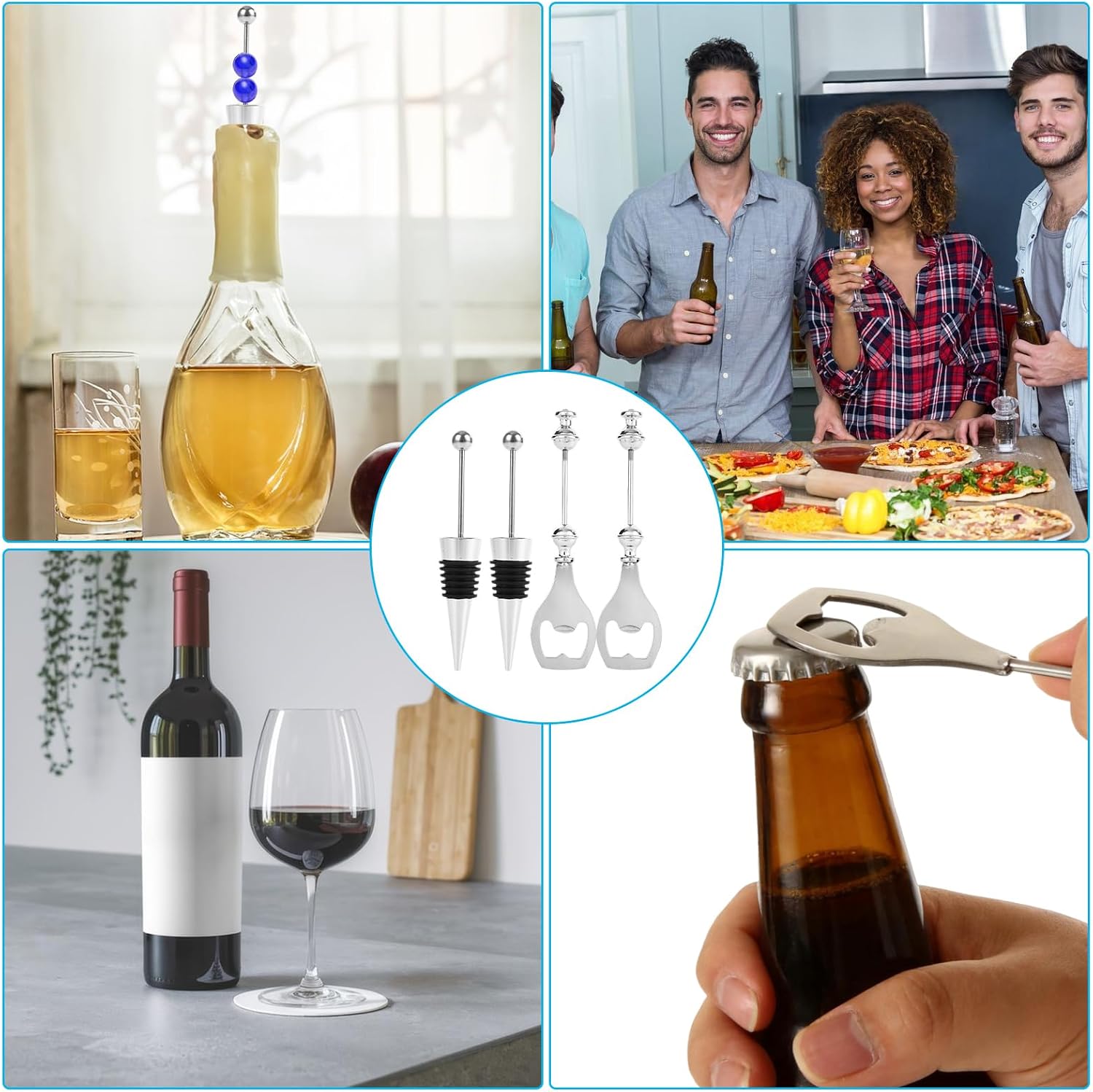 SHUESS 20 Pcs Beadable Wine Stopper, Personalized Wine Bottle Stoppers for Glass Bottles, Reusable Flat Bottle Opener for Wedding, Bar, Party, Birthday