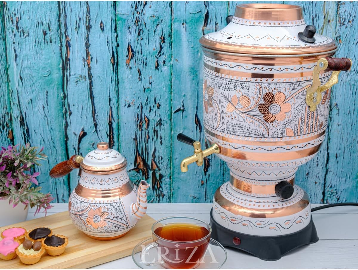 Electric Copper Samovar 6 Liter 220v Embossed Turkish Tea Maker, White Kettle for Authentic Tea Brewing - White