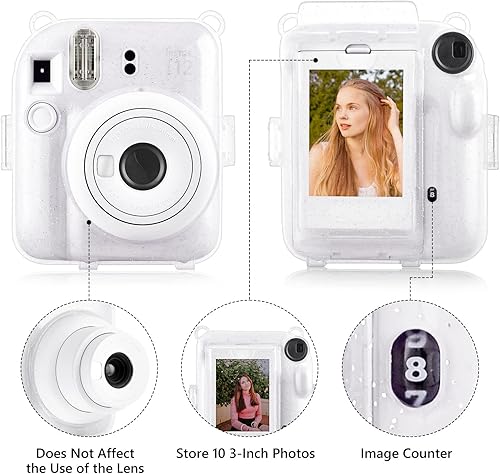 Miniatura 4 de Rieibi Funda transparente compatible con Fuji Instax Mini 12  Funda con purpurina para cámara instantánea Fujifilm Instax Mini 12 con bolsillo