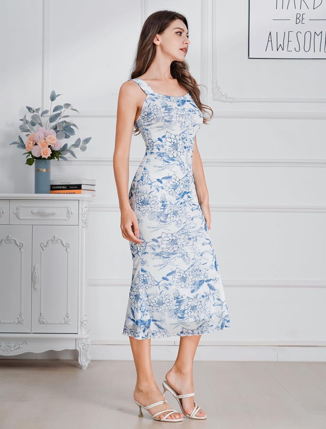 Women's Mesh Floral Ruched Bodycon Midi Dress Sleeveless Cami Dress Formal Cocktail Prom Backless Swing Dresses - Image 6