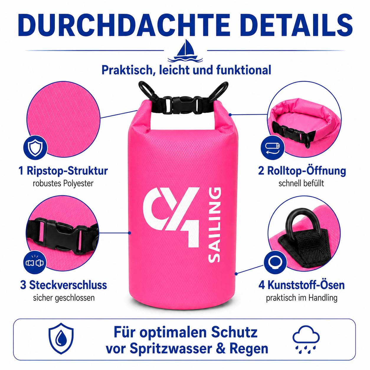 C4S Ripstop Dry Bag 10 L Neon Pink – wasserdichte Tasche | reißfester wasserfester Packsack Seesack Beutel Waterproof Drybag mit Rollverschluss | Kajak SUP Strand Boot Camping Reise Outdoor