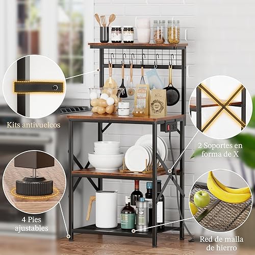 Miniatura 5 de Furologee Estante para hornear de cocina con toma de corriente, soporte para horno de microondas con almacenamiento de 4 niveles, mesa de café con 6