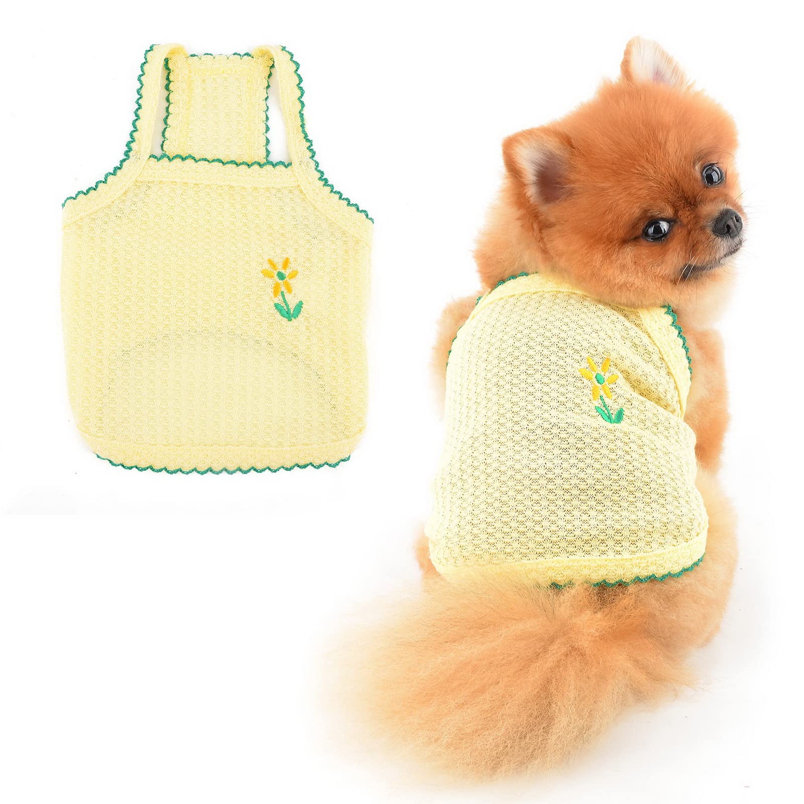 PAIDEFUL Small Dog T-shirt Embroidery Spring Summer Soft Comfortable Puppy Clothes Breathable Pullover Sleeveless Kitten Apparel Indoor Outdoor, Yellow, XL