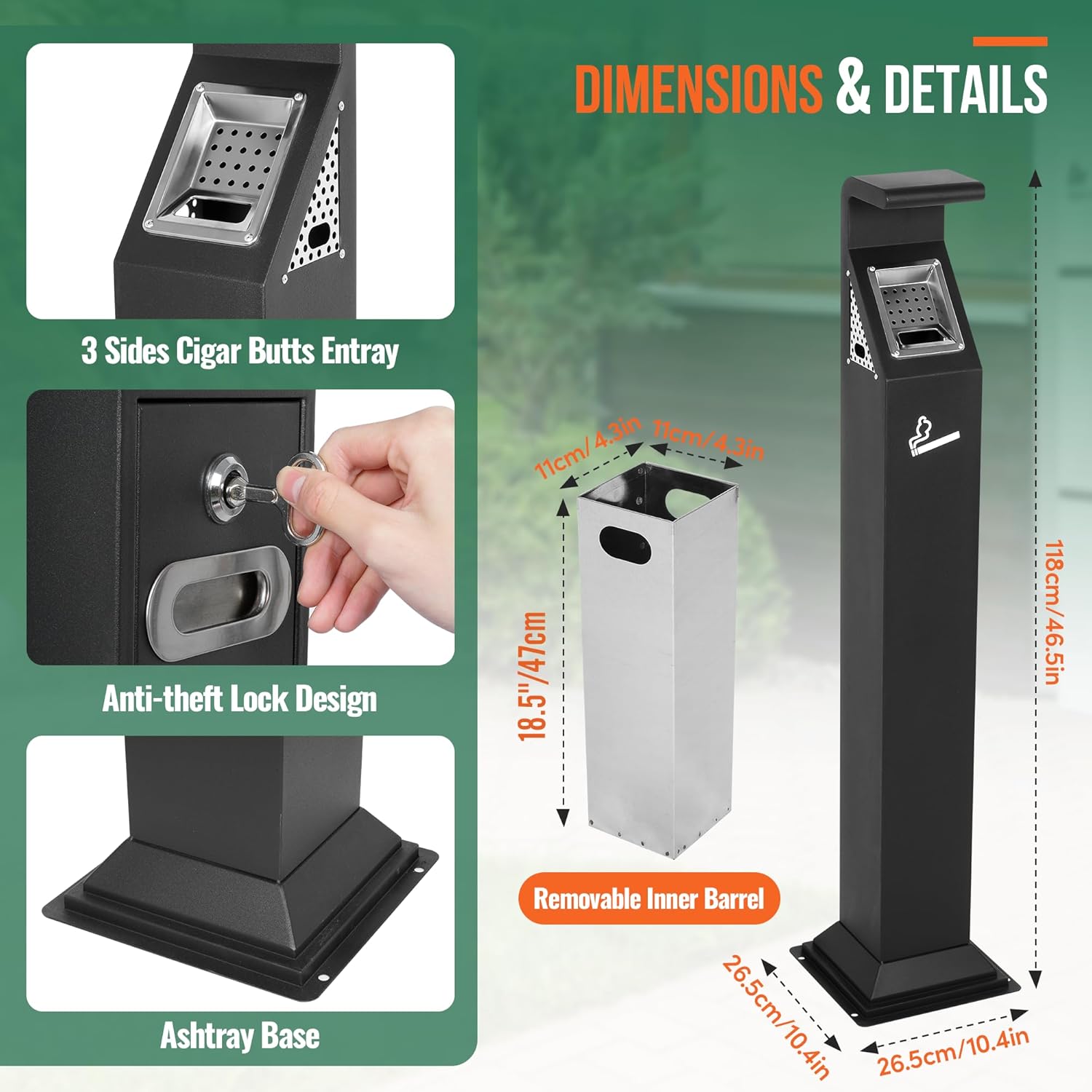 AIWFL Commercial Trash Disposal with Removable Inner Barrel, Lock Design, Standing Metal Ash Receptacle for Outside Sidewalk Office Restaurant Bar Convenience Store