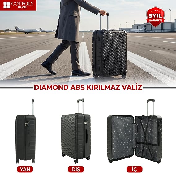 COTPOLY Diamond 2'li Bavul Seti, 2'li Seyahat Bavul Seti, ABS Valiz Seti (Siyah-Medium&Small)