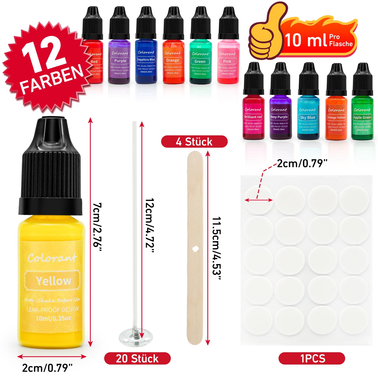 12 Farben Kerzenfarbe Flüssig Set，Kerzenwachs Farbe，Wachsfarbe für Kerzen，je 10ml，Anwendbar auf Paraffinwachs, Sojawachs usw，Perfekt für festliche Kerzen & Weihnachtsgeschenke (12 Farben)