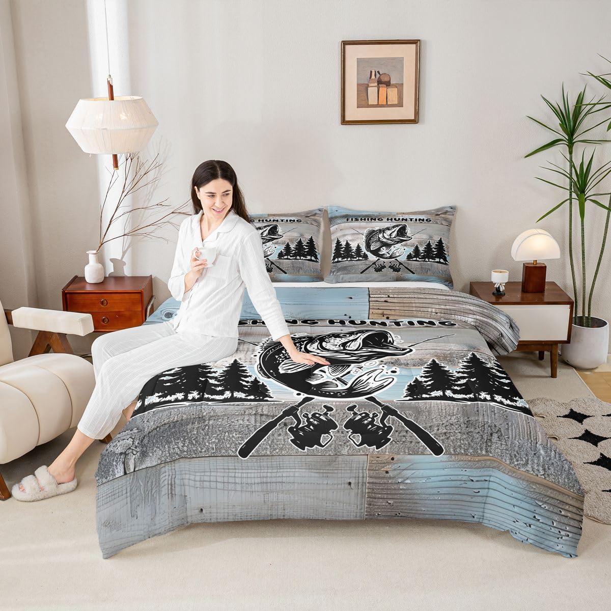 Feelyou Fishing Bedding Set Soft for Boys Girls, Rustic Lakehouse Farm Comforter Set Twin Size Cabin Country Duvet Quilt Microfiber Bedroom Decor 2 Pcs with 1 Pillow Cases