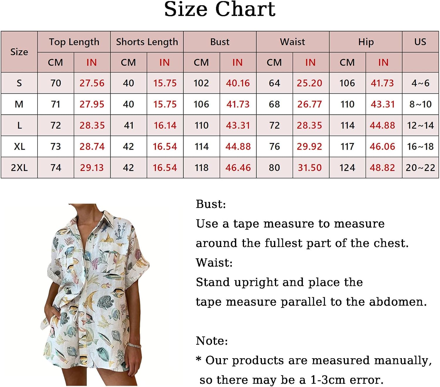 Women's Summer 2 Piece Printed Short Sets Button Down Shirts Elastic Waist Shorts Loose Beach Matching Clothes