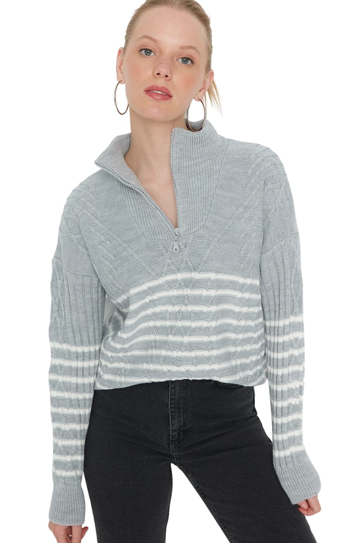 Trendyol Women Regular Basic Standing Collar Knitwear Sweater Grau