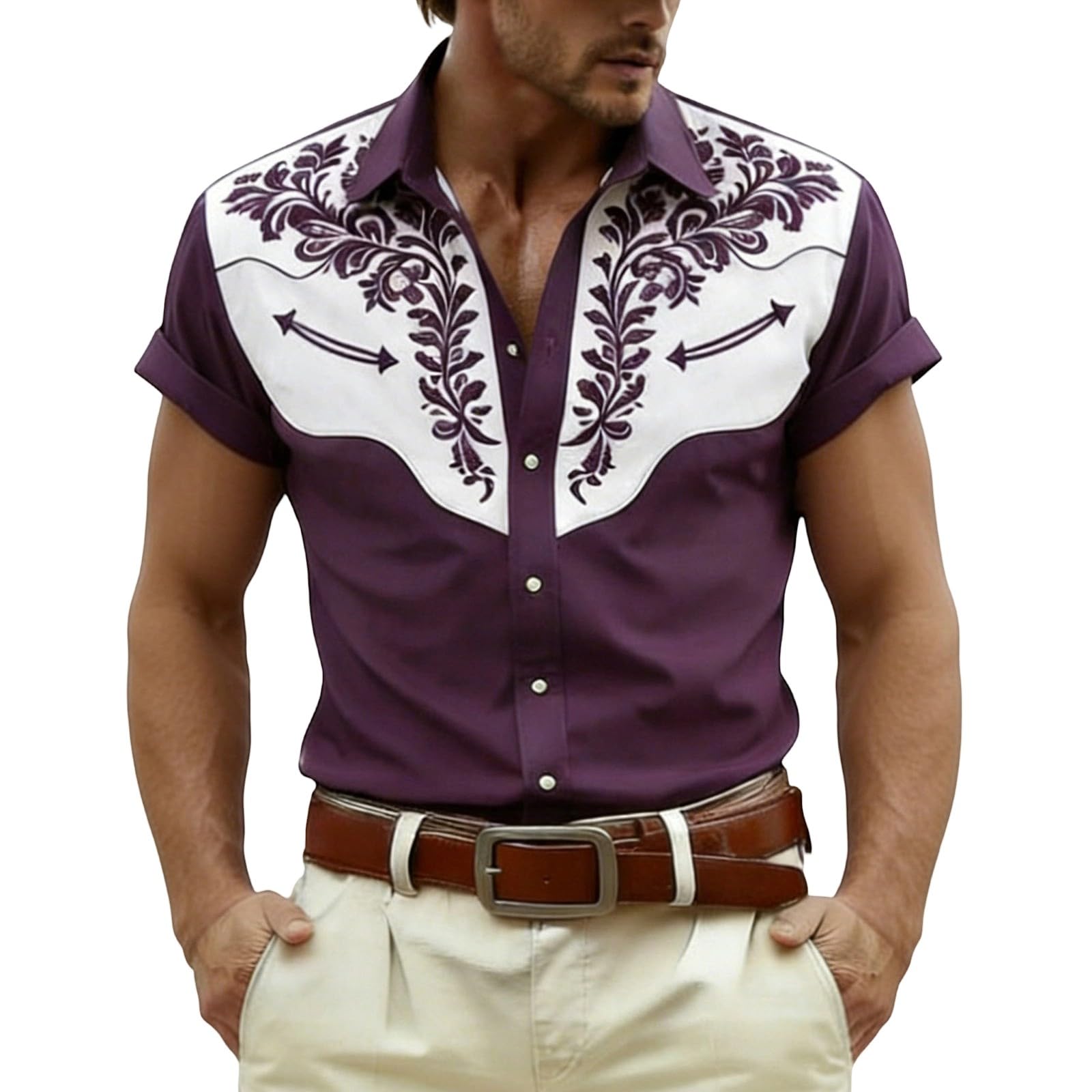 Cowboy Shirt Men's Western Shirts Cowboy Costume Men Western Shirts Western Cowboy Shirt Snap Embroidery Shirts Lapel Collar Classic Casual Shirt for Carnival Party Outfit, O purple, M
