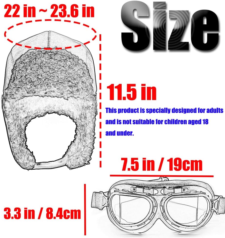 Vintage Aviator Hat and Goggles Trooper Trapper Pilot Cap Fur Ear Flaps for Adult Men Women - Image 5