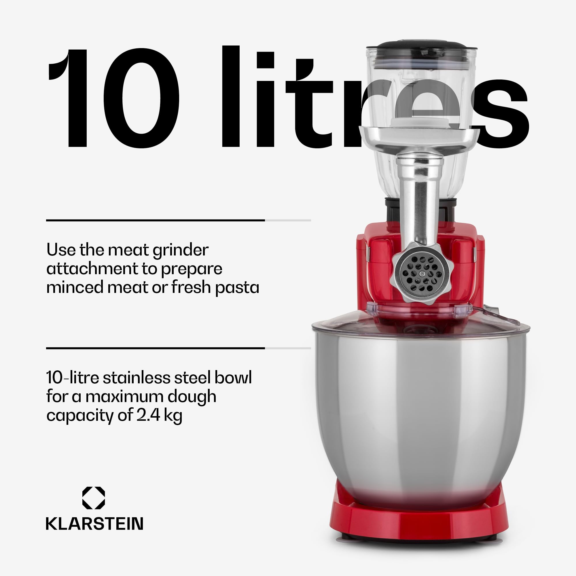 Klarstein Robot kuchenny, uniwersalny robot kuchenny, 3 w 1, mikser i miksery, maszyna do robienia ciasta z maszynką do mięsa, robot kuchenny, maszyna do ugniatania ciasta, miska 10 l, 2000 W