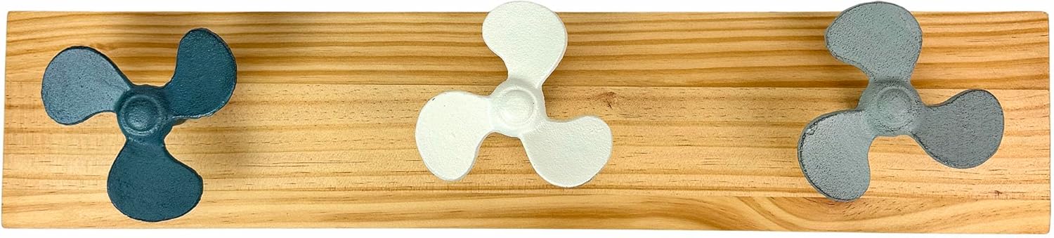 Zeckos 24 Inch Boat Propeller Wall Hooks Rack on Natural Wood Board, Nautical Multicolor Metal and Wood Wall Mounted Coat and Towel Hook Rail for Entryway, Bathroom, Coastal Spaces
