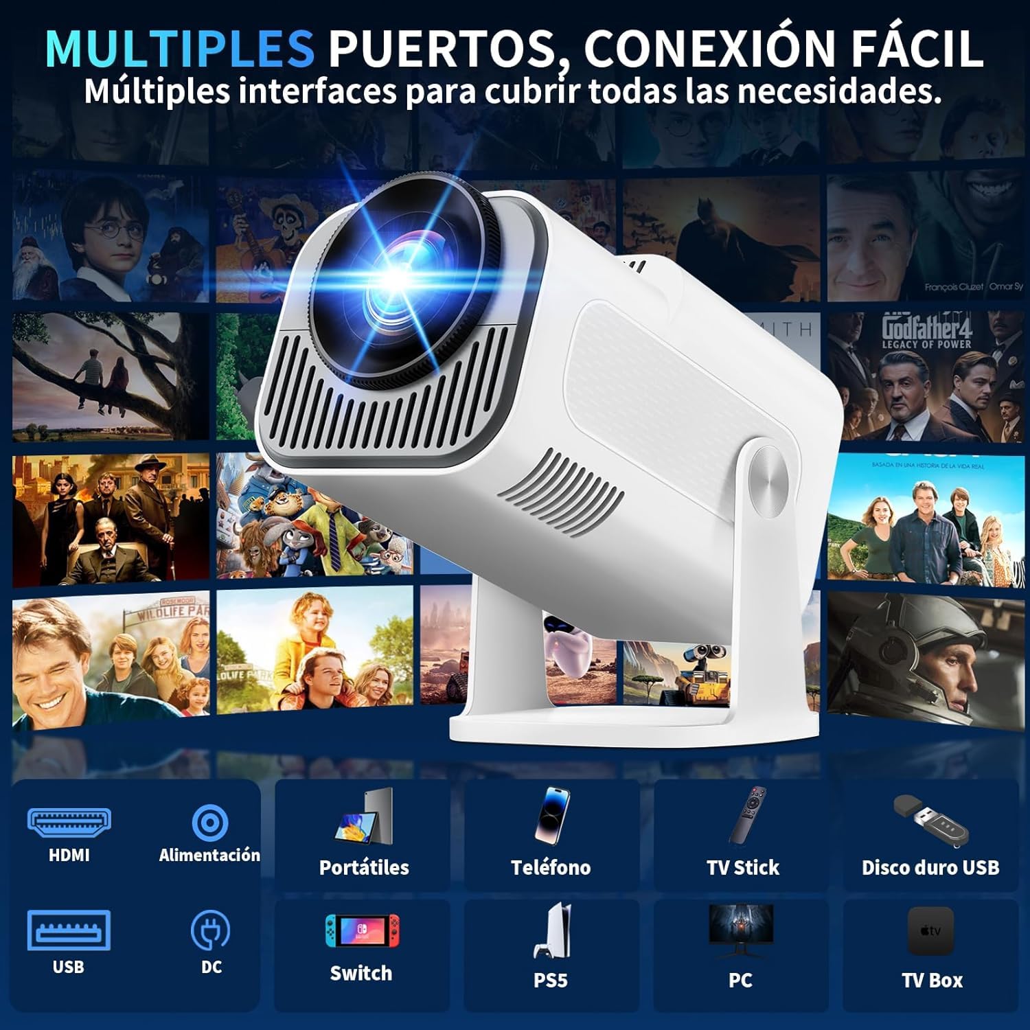 [App Integrada] 2026 Upgraded Mini Proyector 4K 1080P Proyector Vídeo con WiFi 6 Bluetooth 5.2 Support Gira 270° Corrección Trapezoidal Automática para HDMI/Stick/TV PC/USB, Blanco