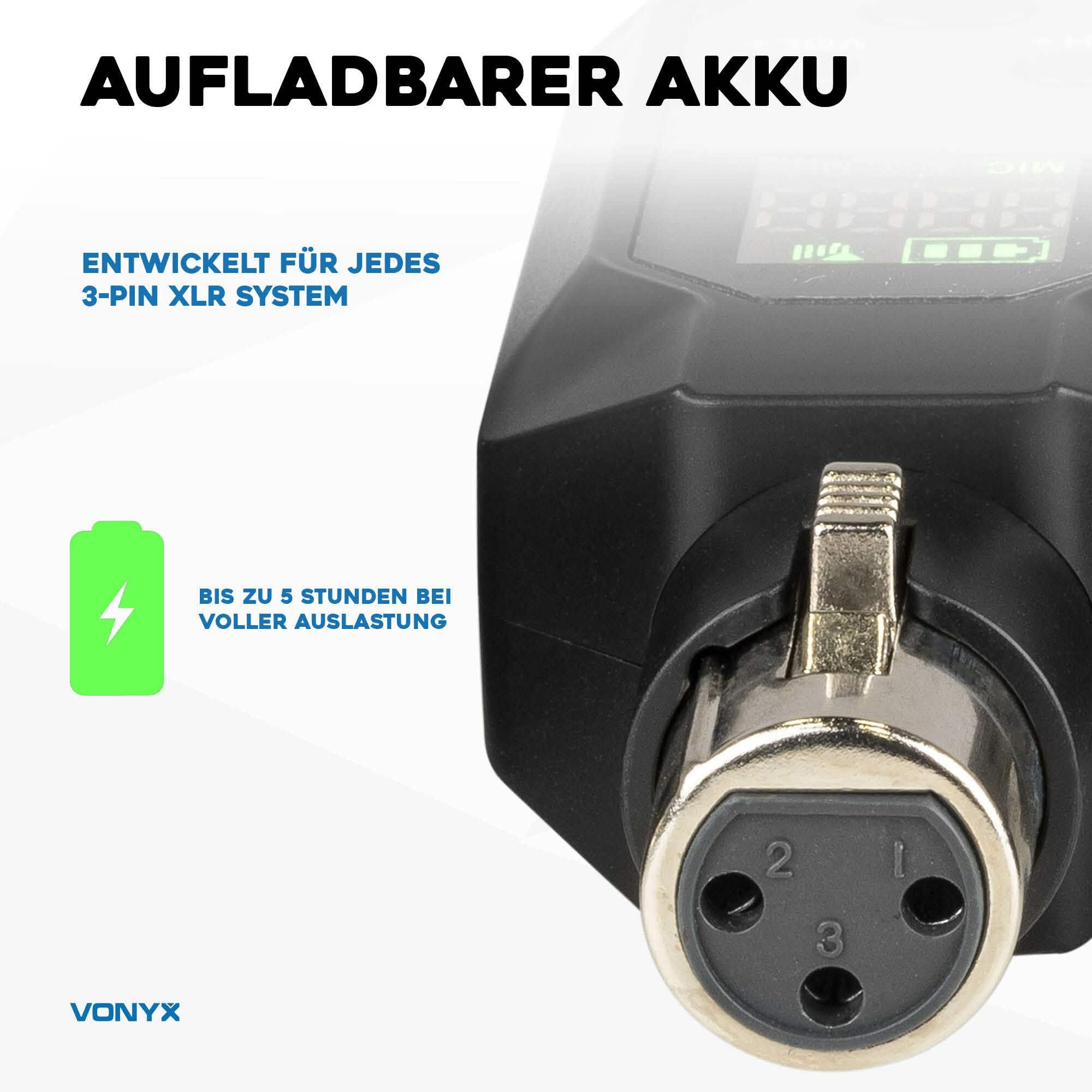 Power Dynamics WAT200 – XLR Funk Sender Empfänger für Mikrofon Kabellos, 70m Reichweite, Wireless Funk Mikro Adapter, 5h Akku, Funkmikrofon Adapter, 16 Kanäle Wireless Mic, Funk Audio Übertragung