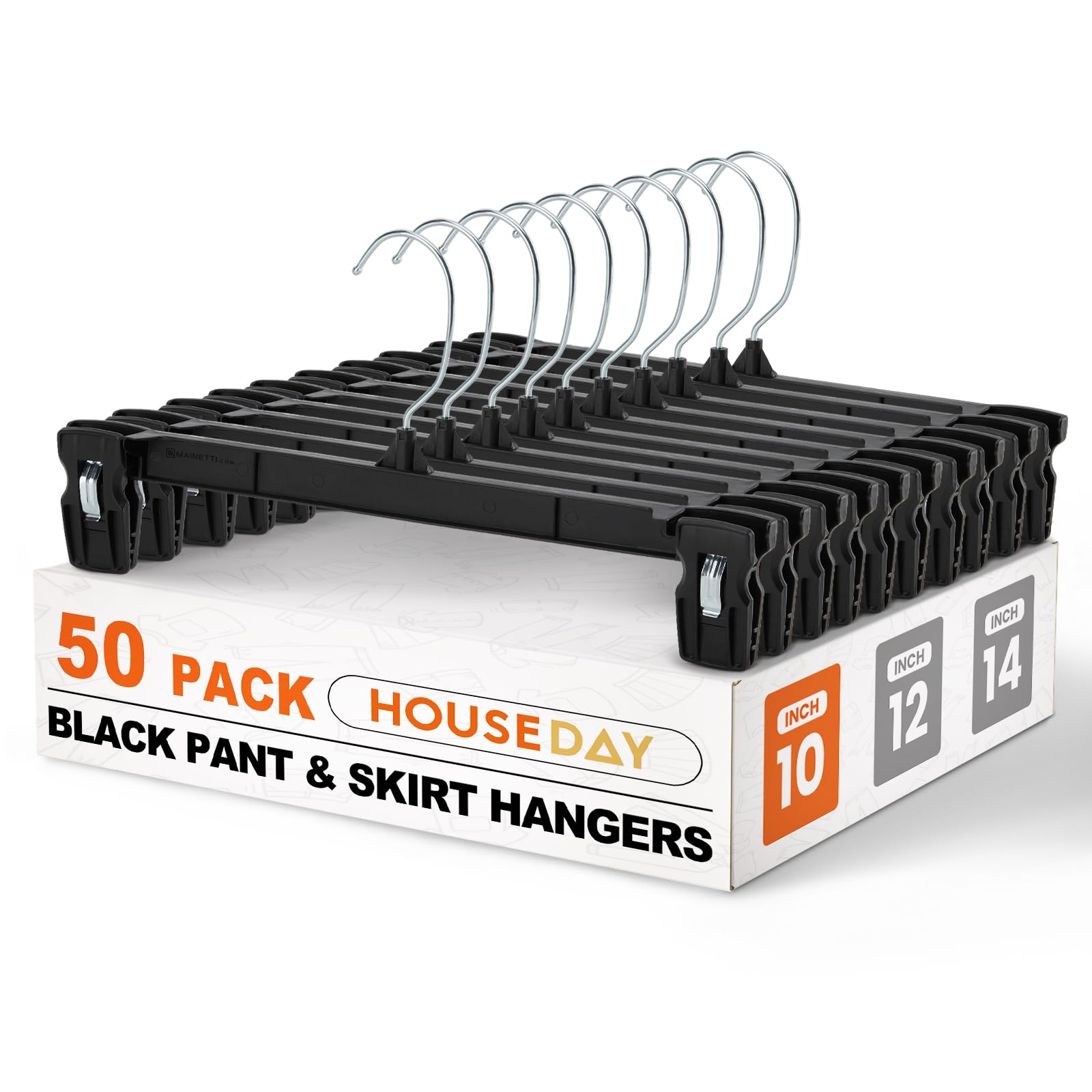 Photo 1 of HOUSE DAY Black Pants Hangers 50 Pack, Skirt Hangers with Non-Slip Big Clips and 360° Swivel Hook, Heavy Duty Slim Plastic Pants Hanger, Space Saving Clip Hanger for Pants, Skirts, Shorts - 10 Inch
