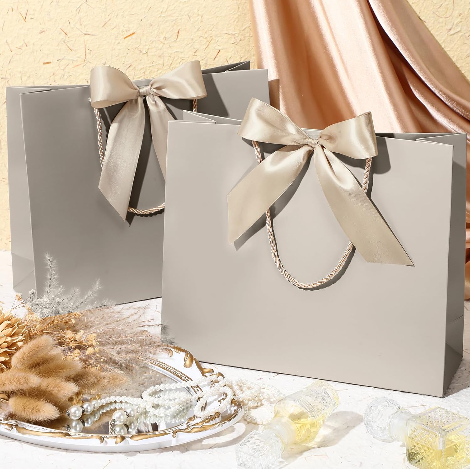 Silkfly 24 Pcs Thank You Gift Bags with Handle 12x10x4'' Welcome Elegant Gifts Bag with Bow Ribbon for Mother's Day Wedding Graduation Bridesmaid Baby Shower Birthday Housewarming (Champagne)