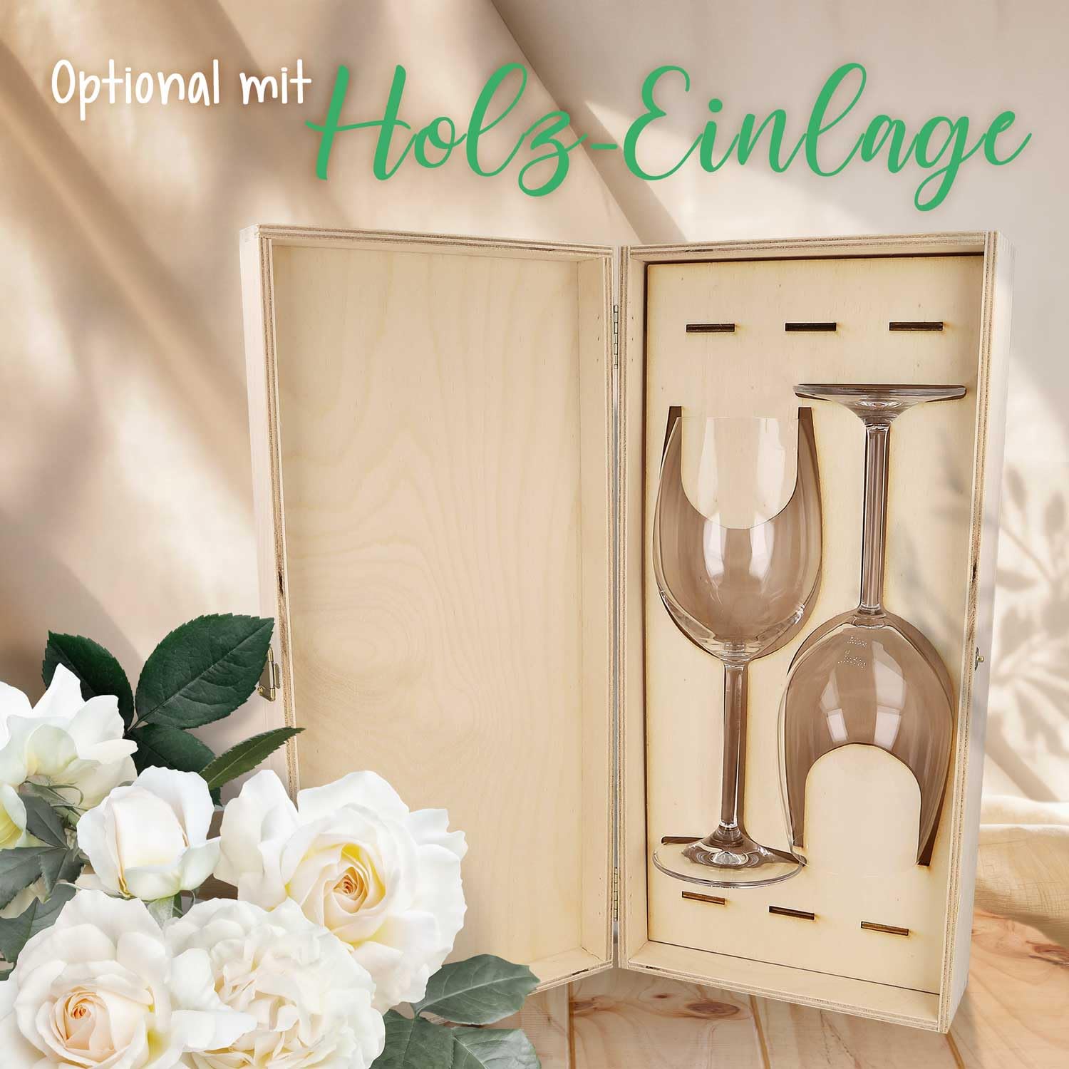 GRAVURZEILE Leonardo Weingläser mit Gravur von Namen & Datum - Flower Wedding - als Geschenk zur Hochzeit, Verlobung oder zum Jahrestag - das Hochzeitsgeschenk - Daily Flower Design mit Holzkiste