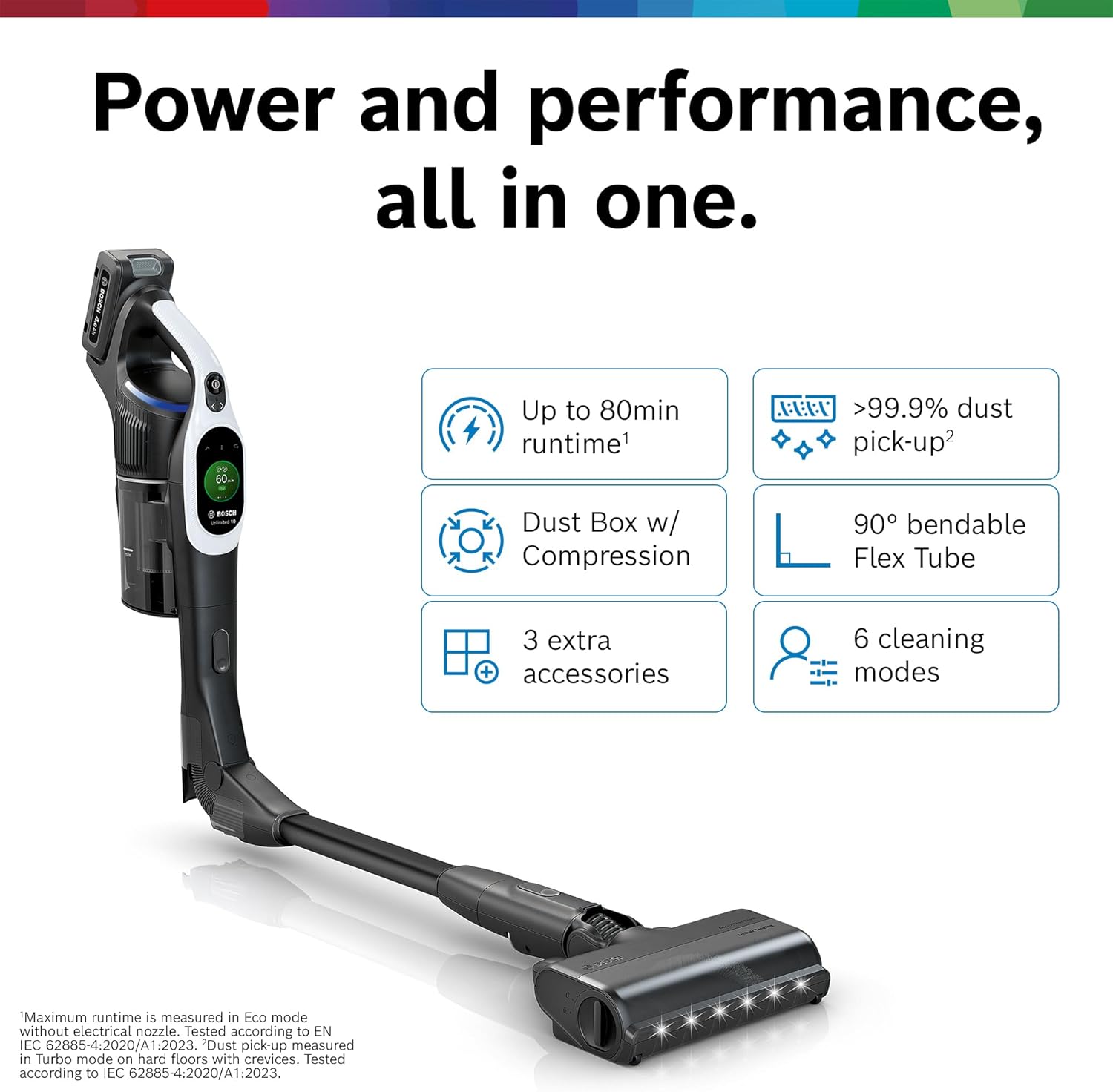 bosch unlimited 10 cordless stick vacuum cleaner - up to 80 min battery, pet hair, hard floors, carpets, hepa filter, bendable tube for under furniture, upholstery, 3 accessories, white