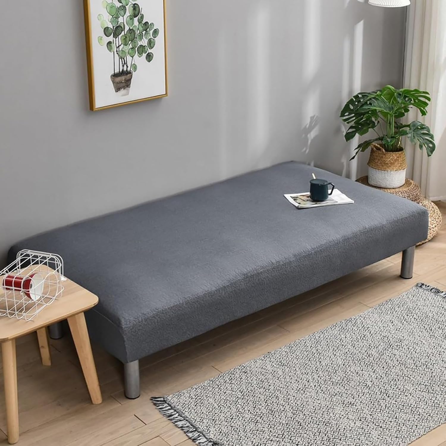 XJHKG Futon Slipcover, Foldable Armless Sofa Couch Cover with Elastic Bottom(SkyBlue)