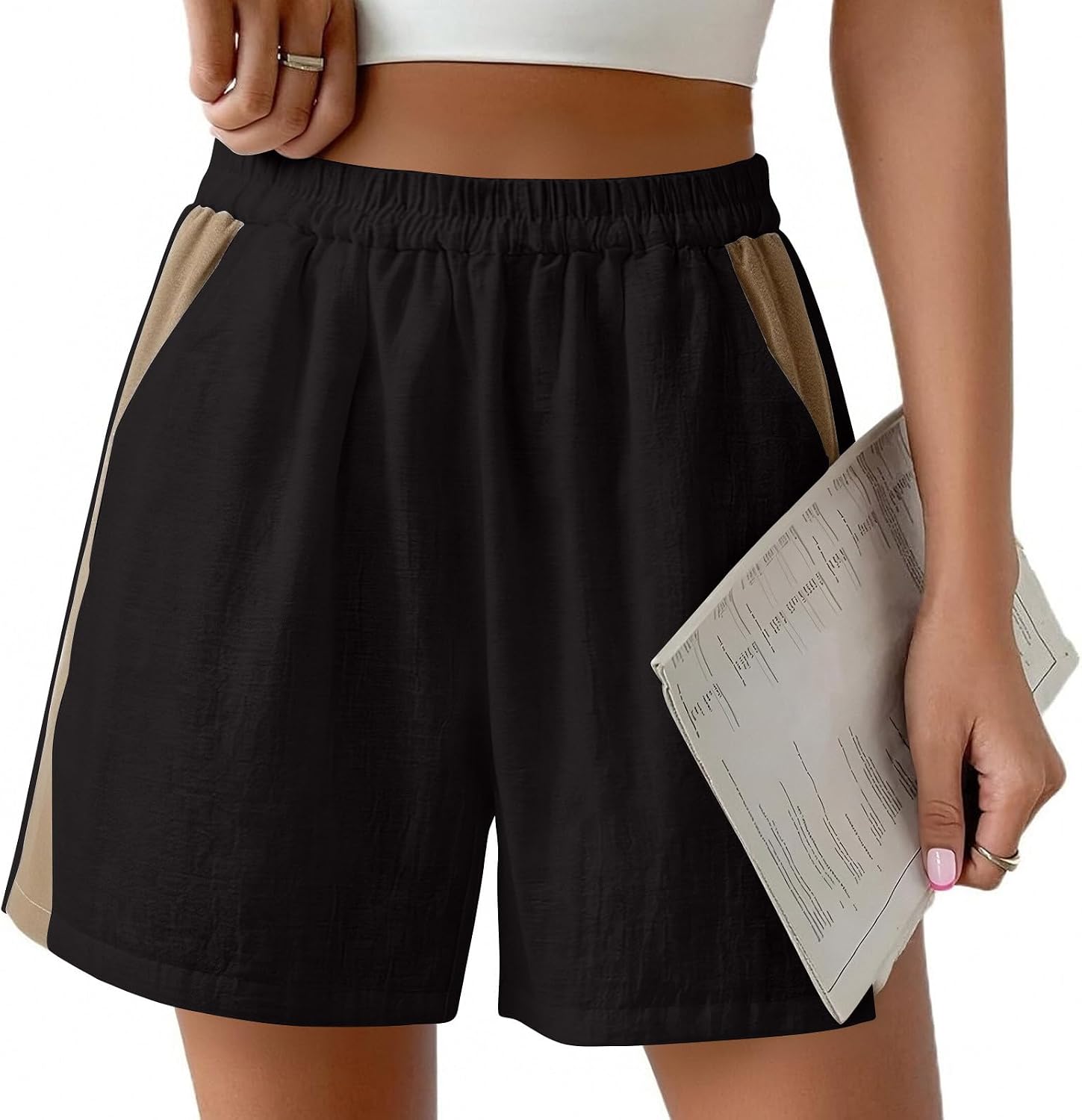 Shorts for Women Trendy Summer Casual Beach Cotton Linen Elastic Waist Plus Size Color Block Shorts with Pockets
