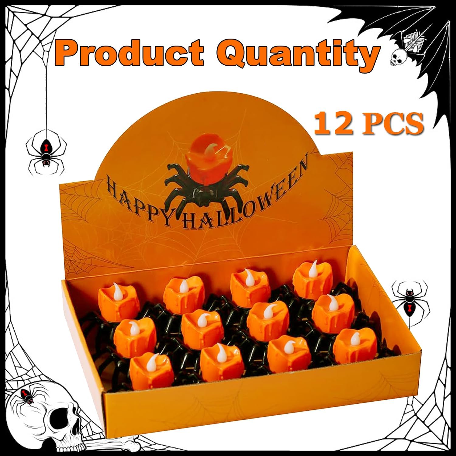 12 PCS Spider Lights Candles, LED Flameless Candles, Battery Operated Lights, Halloween Candle Holder, Spooky Spider Tea Lights for Table Decor