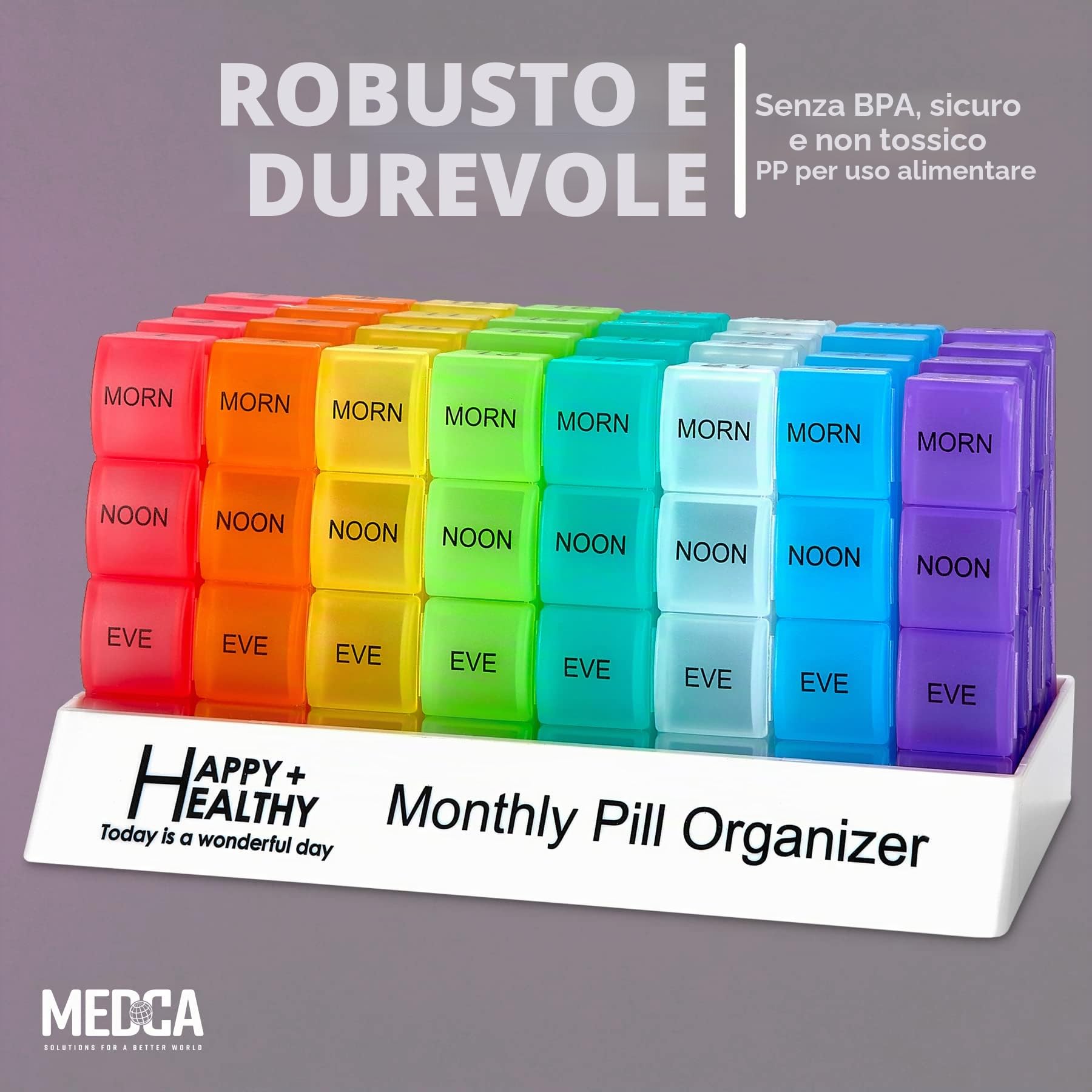 Organizzatore Portapillole Mese - 4 Volte Al Giorno Mattina-Mezzogiorno-Sera-Notte - Grandi 32 Portapillole Giornalieri con Scomparti per Vitamine, Integratori