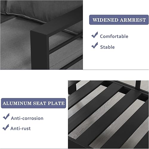 Miniatura 6 de Wisteria Lane Sillón de aluminio para muebles de patio, sofá individual para todo tipo de clima, silla de metal gris con cojines gris oscuro