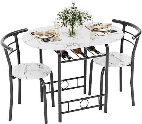 Miniatura 9 de Flamaker Mesa de comedor para 2, juego de mesa redonda y sillas de 3 piezas, mesa de cocina pequeña para desayuno, mesa de grano de madera y estante