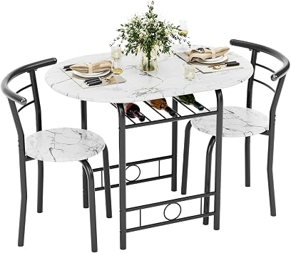 Flamaker Dining Table for 2, 3 Piece Round Table & Chair Set, Small Kitchen Table for Breakfast Nook, Wood Grain Tabletop & Built-in Storage Rack, Space Saving for Kitchen, Dining Room White & Black