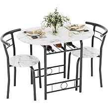 Flamaker Dining Table for 2, 3 Piece Round Table & Chair Set, Small Kitchen Table for Breakfast Nook, Wood Grain Tabletop & Built-in Storage Rack, Space Saving for Kitchen, Dining Room White & Black