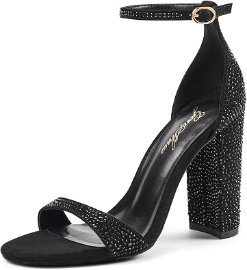 GENSHUO Strappy Chunky High Heels Open Toe Sandals Women 4 inch Block Heel Sparkly Ankle Strap Dress Shoes Party Graduation Evening Prom