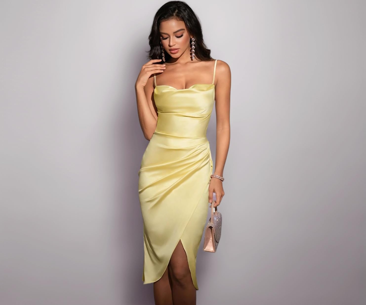 Womenโs Satin Midi Dress with Spaghetti Straps | Elegant Ruched Bodycon Cocktail Dress with Slit, Backless Evening Party Dress