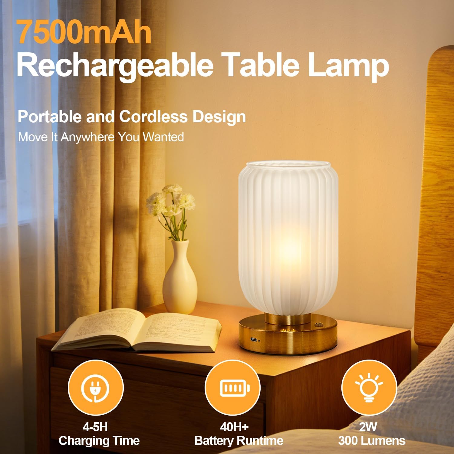 LigthRound Touch Table Lamp for Bedroom, Cordless Bedside Small Table Lamp, Dimmable Rechargeable Battery Operated Lamp for Nightstand, Bedside, Living Room, Desk, LED Bulb Included